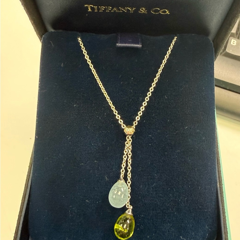 TIFFANY & CO - SOLID 18K WHITE GOLD RAINBOW DROPS LAVALIER PENDANT NECKLACE